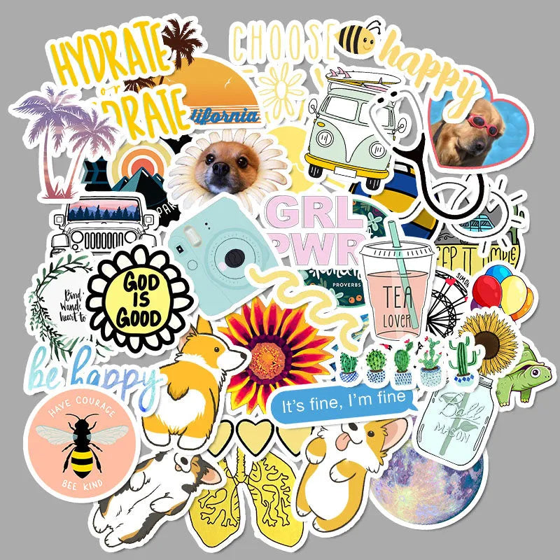 Assorted waterproof PVC graffiti suitcase stickers in 50 pack, 4-6 cm each, on white background.