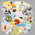 Assorted waterproof PVC graffiti suitcase stickers in 50 pack, 4-6 cm each, on white background.