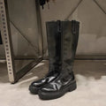 Black round toe chunky heel knee high boots with back zipper fastening