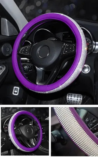 Rhinestone non-slip leather steering wheel cover for general motors 38cm diameter black with gold ring option