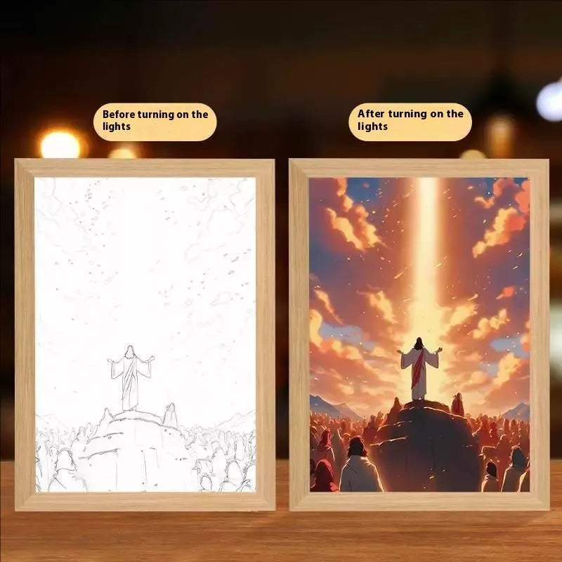 Handmade rectangular LED light painting photo frame showing a spiritual cross design, with USB cable.