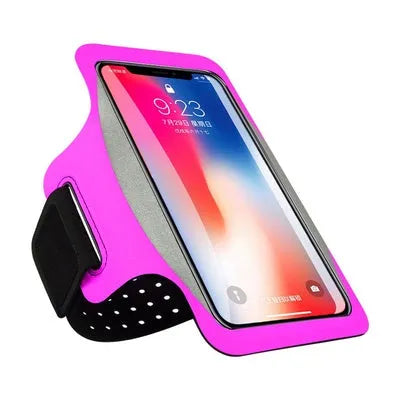 Black running armband phone case with transparent screen and card slot on a person's arm.