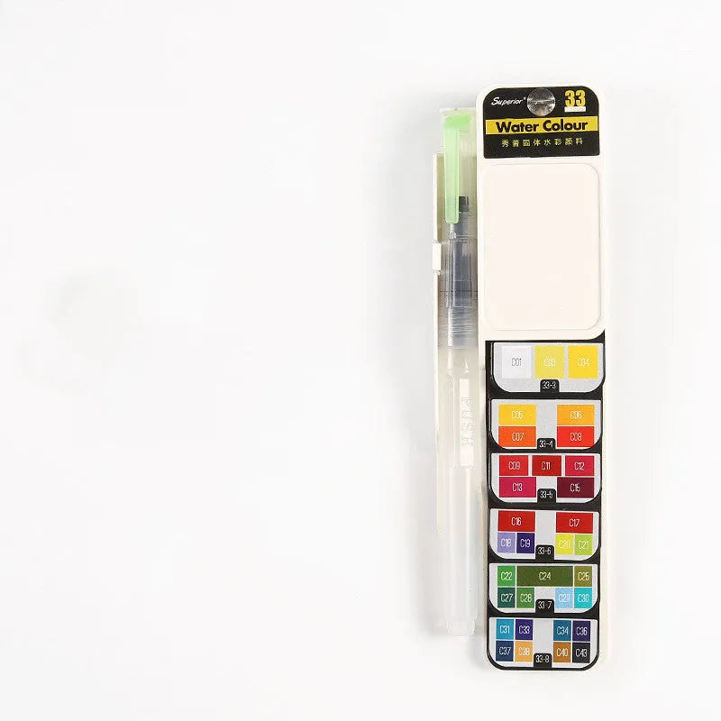 Solid watercolour paint set in a fan-shaped foldable palette inside a transparent plastic box with fountain pen and sponge.