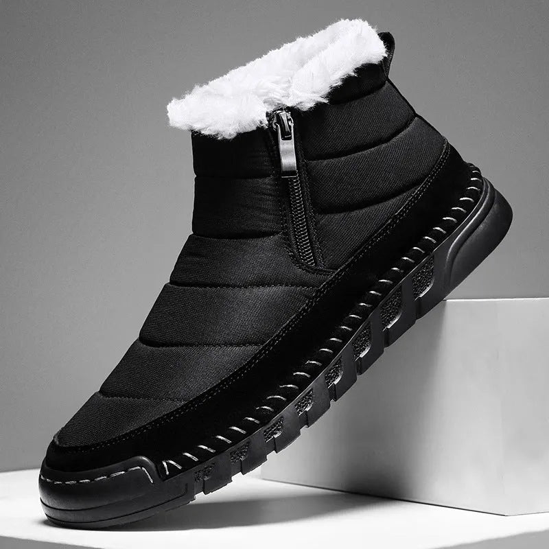 Men's plus size snow boots in black with round toe design and non-slip rubber sole