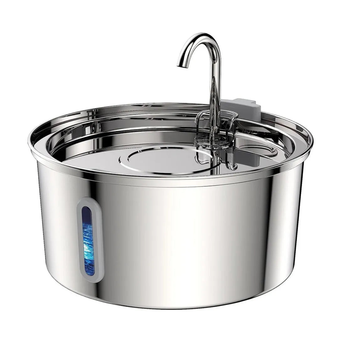 Stainless steel pet water dispenser with large 4-litre tank and selectable water outlet design