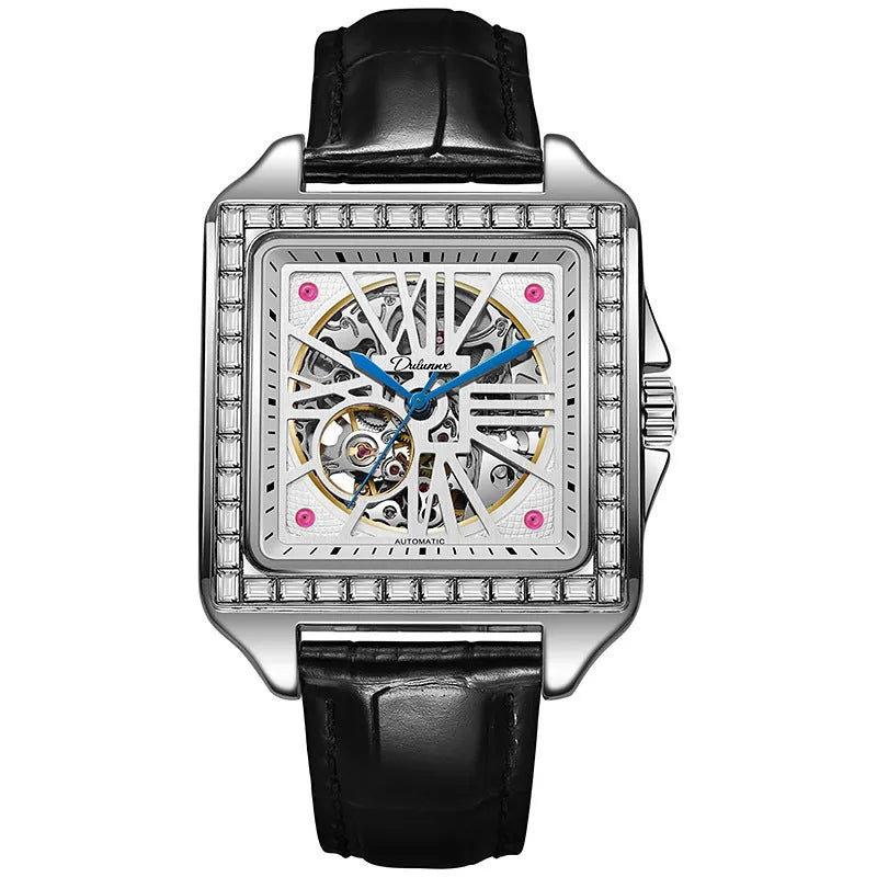 Men's square stainless steel automatic watch with diamond bezel on a black leather strap.