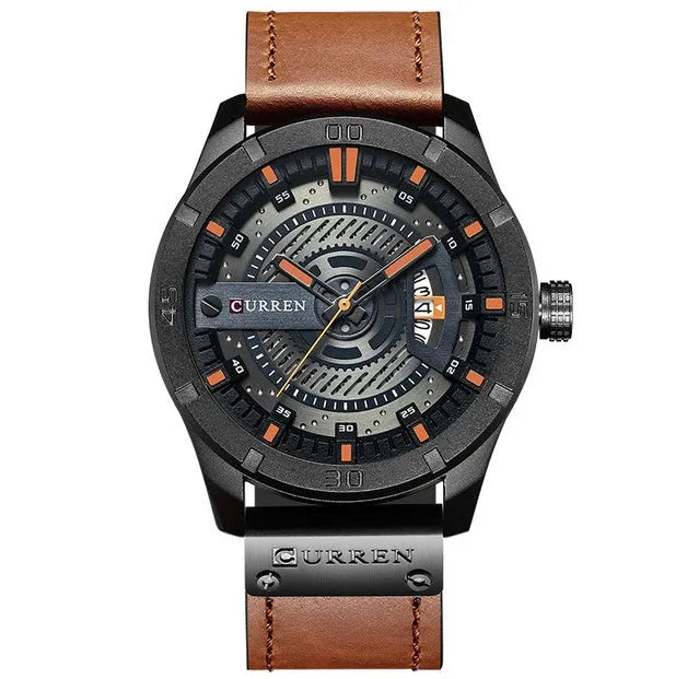 CURREN men's military sports watch with black shell case and brown leather band, 45mm dial showing date