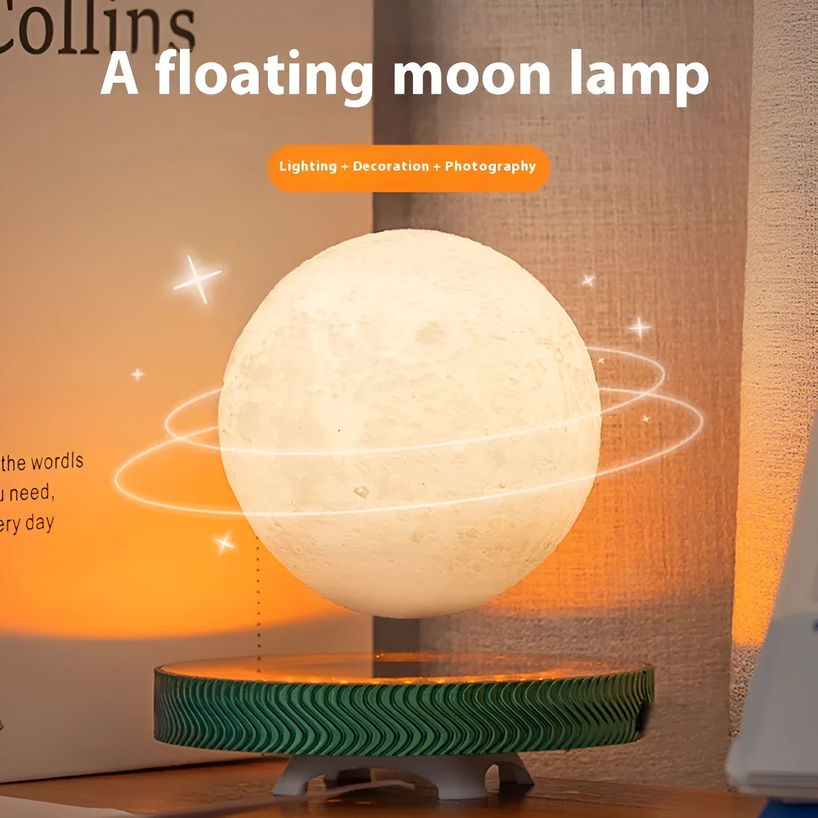 Magnetic suspension moon small night lamp in 3D printed modern design