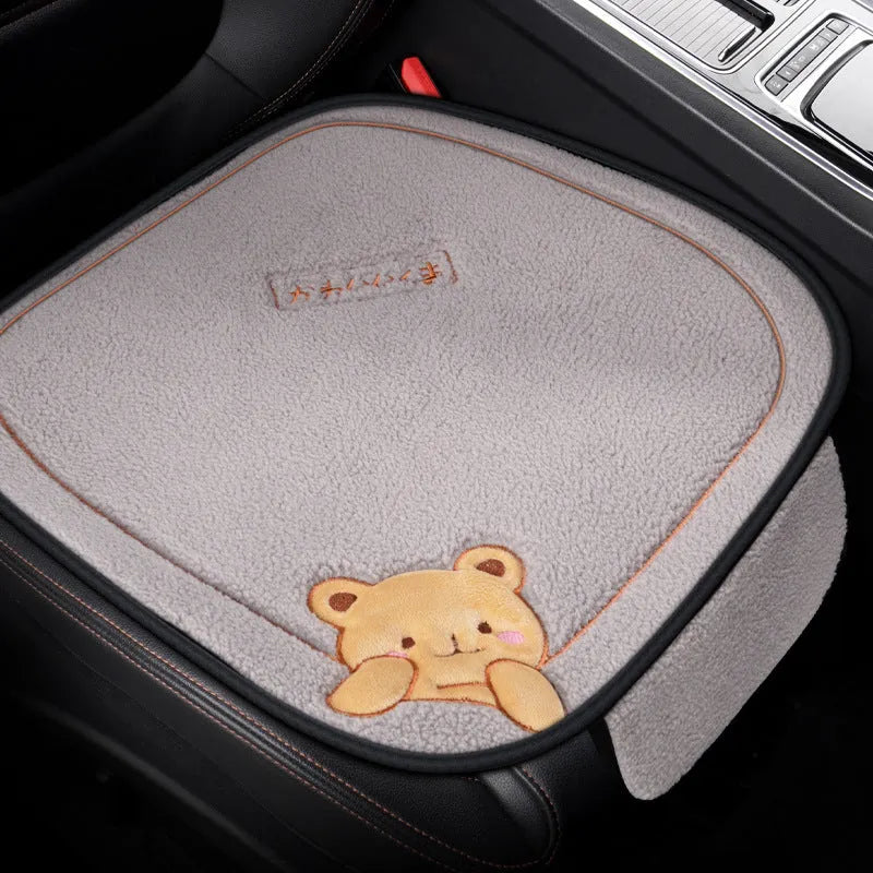Car cushion winter plush three-piece set with square cushion and lumbar support pillow in trendy bear design
