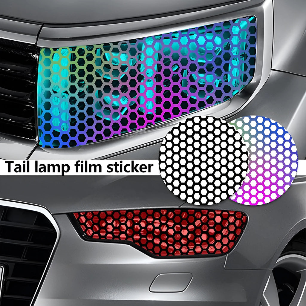 Honeycomb pattern car taillight sticker set showing carbon fibre, colourful and black finishes