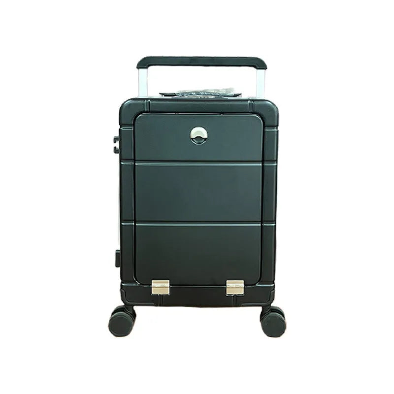 20-inch front opening cabin suitcase in titanium silver colour with universal wheels and integrated cup holder.