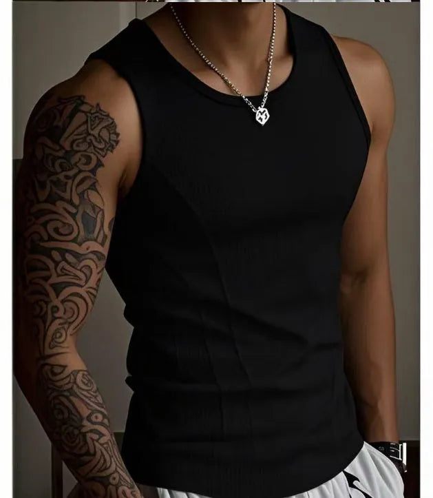 Men's black I-shaped sleeveless vest top made from polyester fabric for summer sports wear.