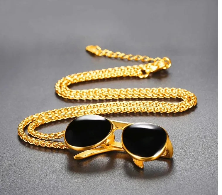 18k gold plated men's sunglass pendant necklace on chain in gold colour made from 316L stainless steel