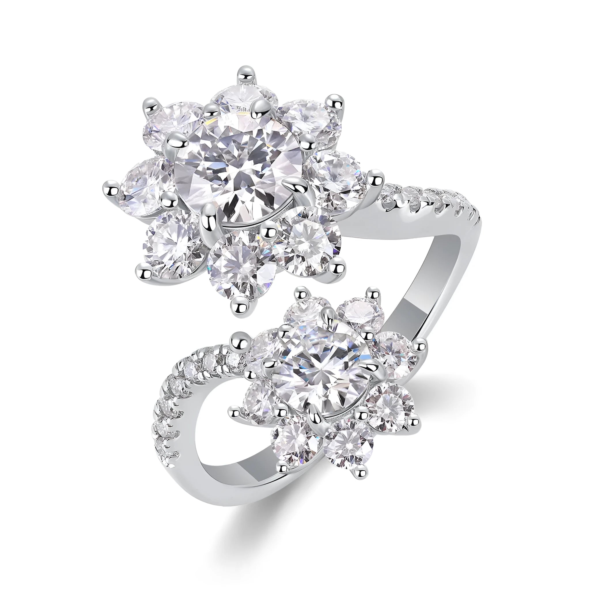 Wedding ring set with 1 carat round moissanite stone in S925 silver with platinum plating on white background