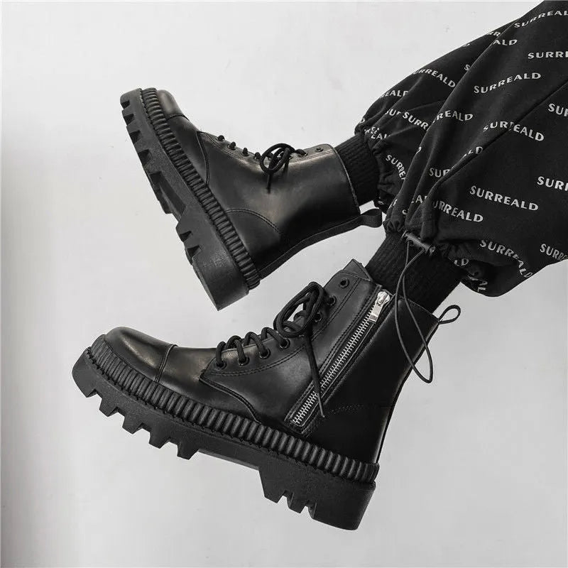 Men's black high-top platform boots with a side zipper, made from frosted cowhide leather.