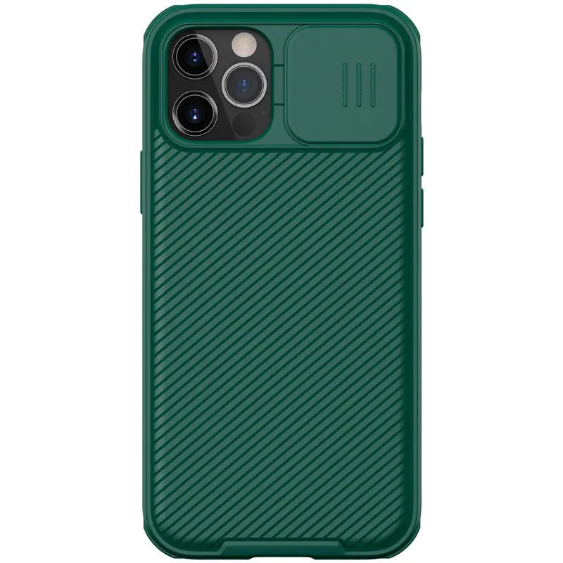 Nillkin Black Mirror Pro phone case for iPhone 12 with sliding camera lens cover in black, blue, and green colours.