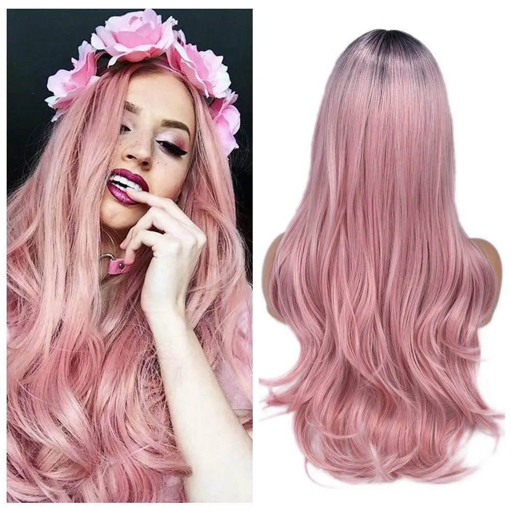 Long curly wig for women 24 inch 61 cm blonde ombre black root heat resistant high temperature wire anime cosplay wig