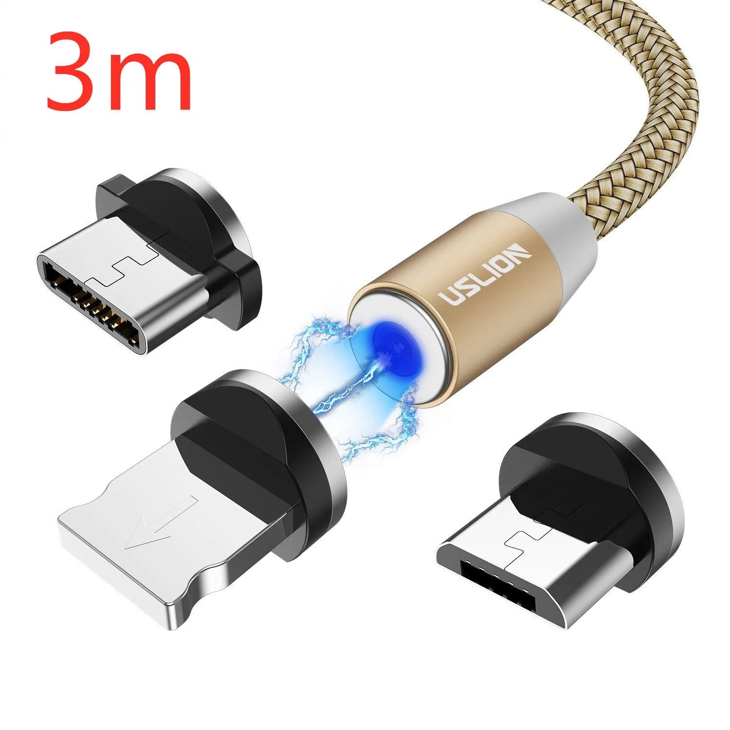 USLION circular magnetic charging cable in black, showing magnetic connector and plug for Android, iOS, or Type-C device.