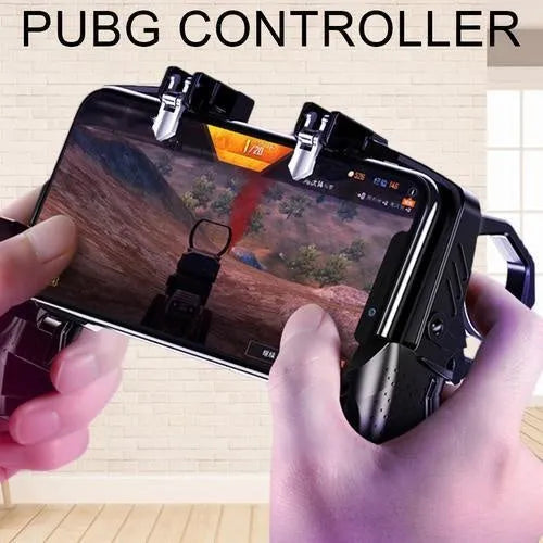 Black multi-function gamepad for mobile phones showing controller, trigger and integrated phone holder