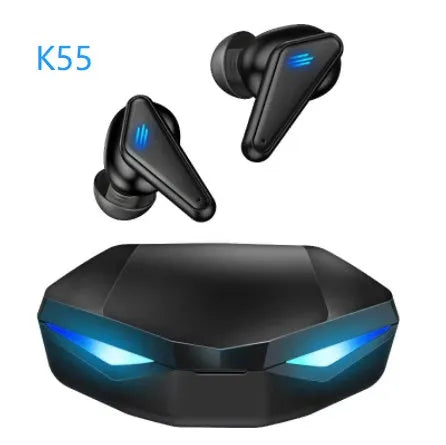 Blue Private Model K55 wireless Bluetooth gaming earbuds with TWS stereo design.