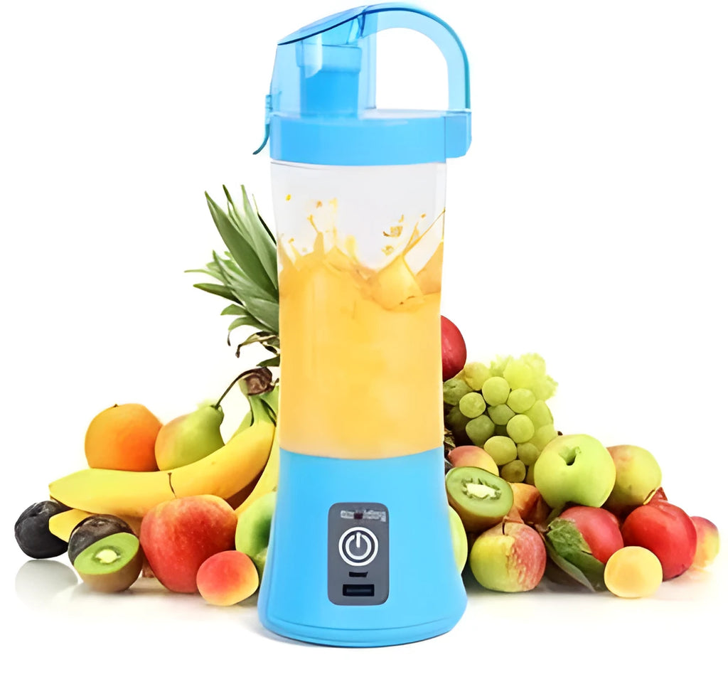 Blue handheld electric fruit juicer with USB charging port and 400ml capacity measurement