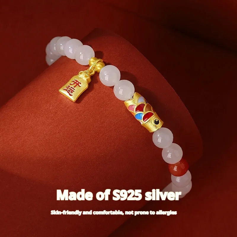 S925 sterling silver bracelet with natural Hetian jade and cold enamel koi fish design