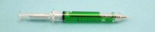 Blue plastic syringe-shaped ballpoint pen measuring 12.5cm with push-type mechanism