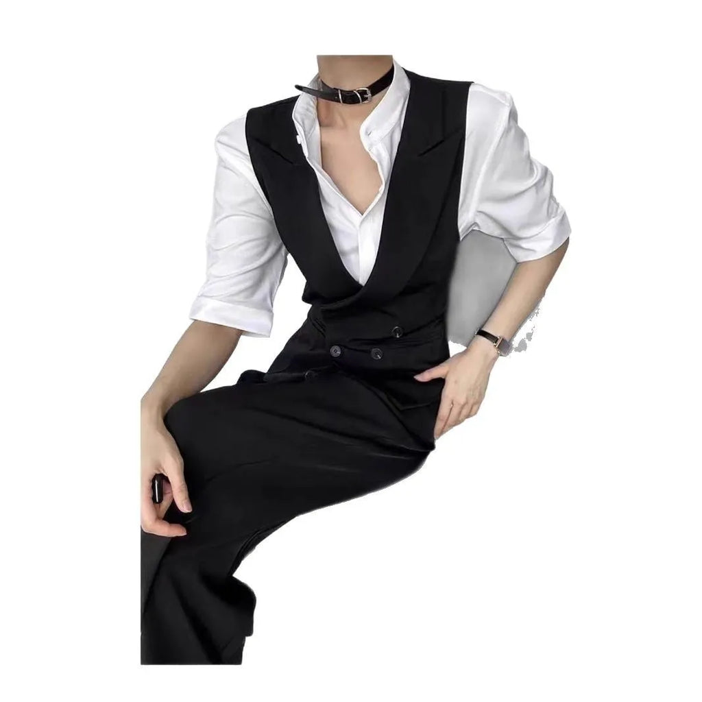 Black polyester leisure business cardigan vest with straight hem, loose fit, front view