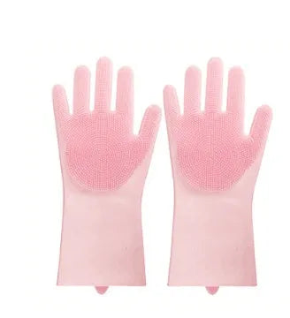 Blue silicone cleaning gloves with a textured sponge palm design for scrubbing.