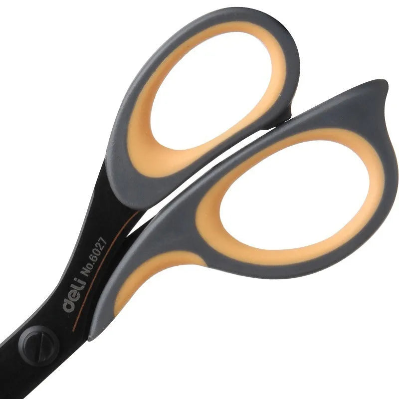 Black plastic handle alloy stainless steel scissors 175mm 6 inch blade on white background