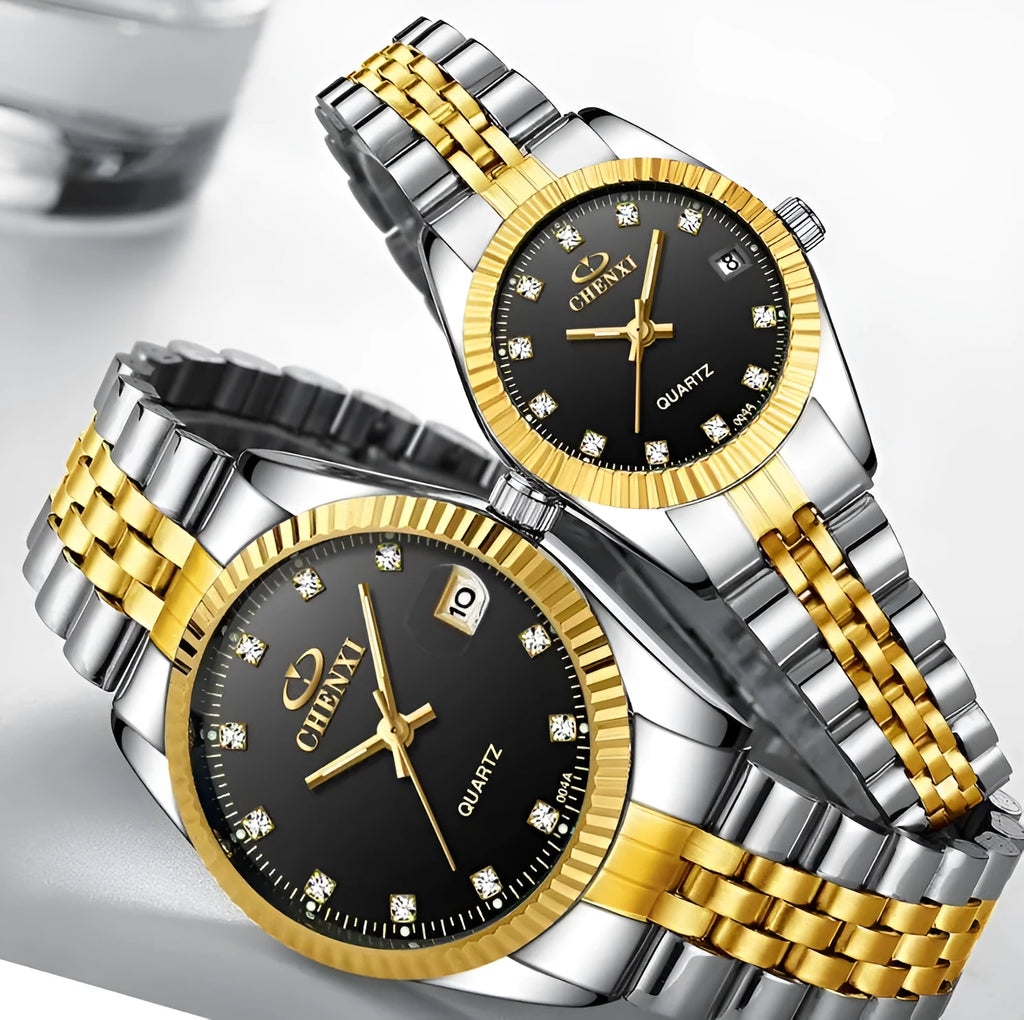 Gold men's quartz wristwatch with stainless steel strap and mineral glass display on a white surface