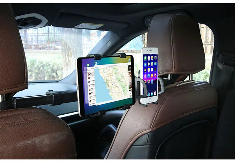 Black universal tablet PC car back seat bracket holding a tablet, with 360-degree rotation feature visible