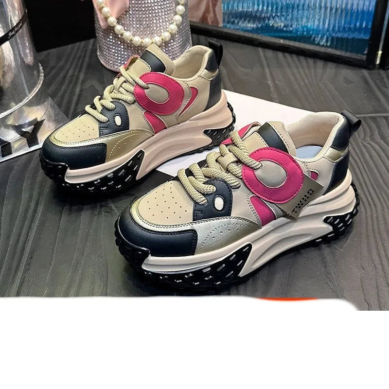 Leather sports casual shoes with thick wedge soles and front lace-up fastening in four colour options