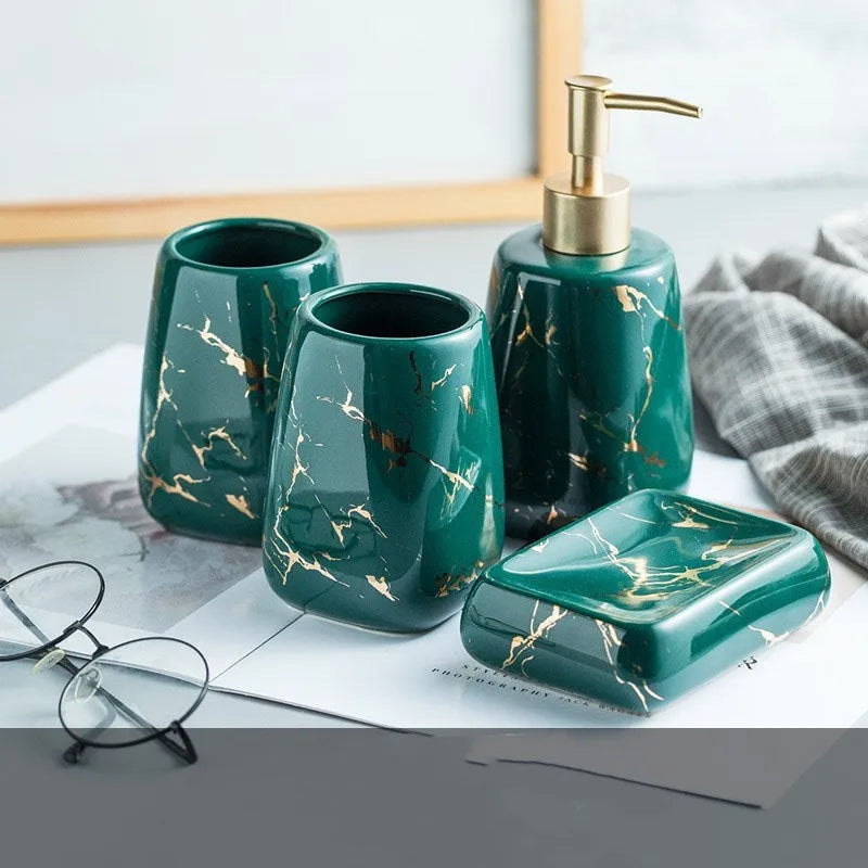 Ceramic bathroom wash set with decal decoration in black, blue and white colour options