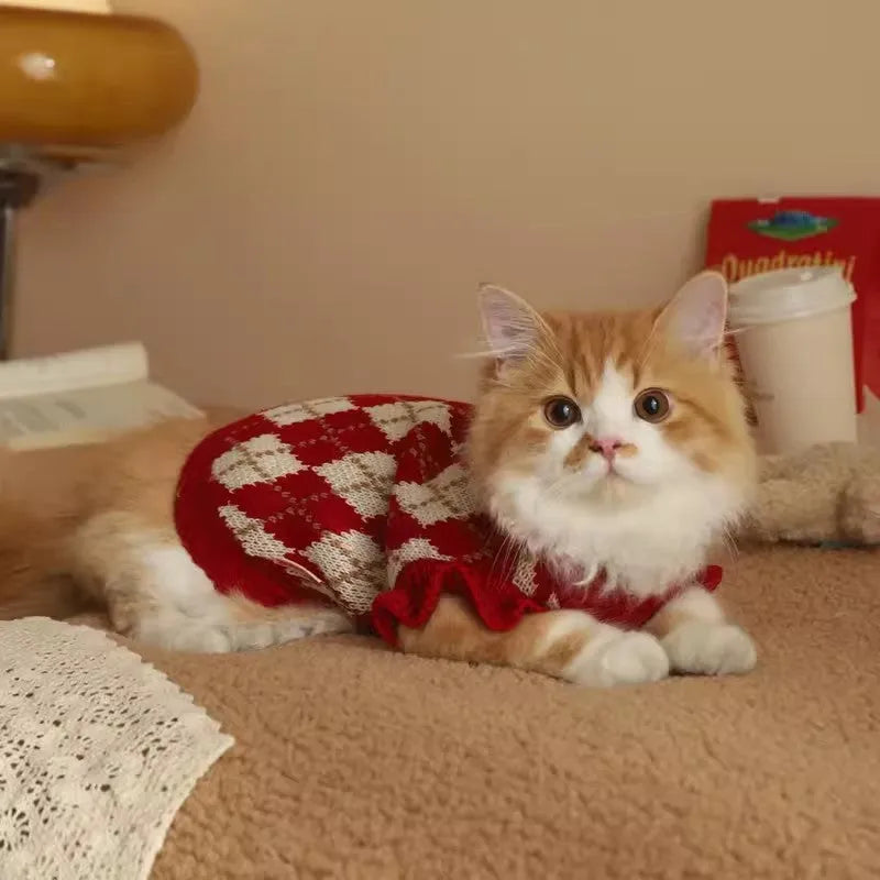 Red cat sweater with cherry and diamond embroidery pattern for autumn and winter wear