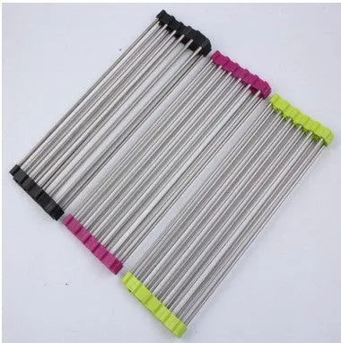 Stainless steel folding kitchen sink drain rack shown in a choice of colours