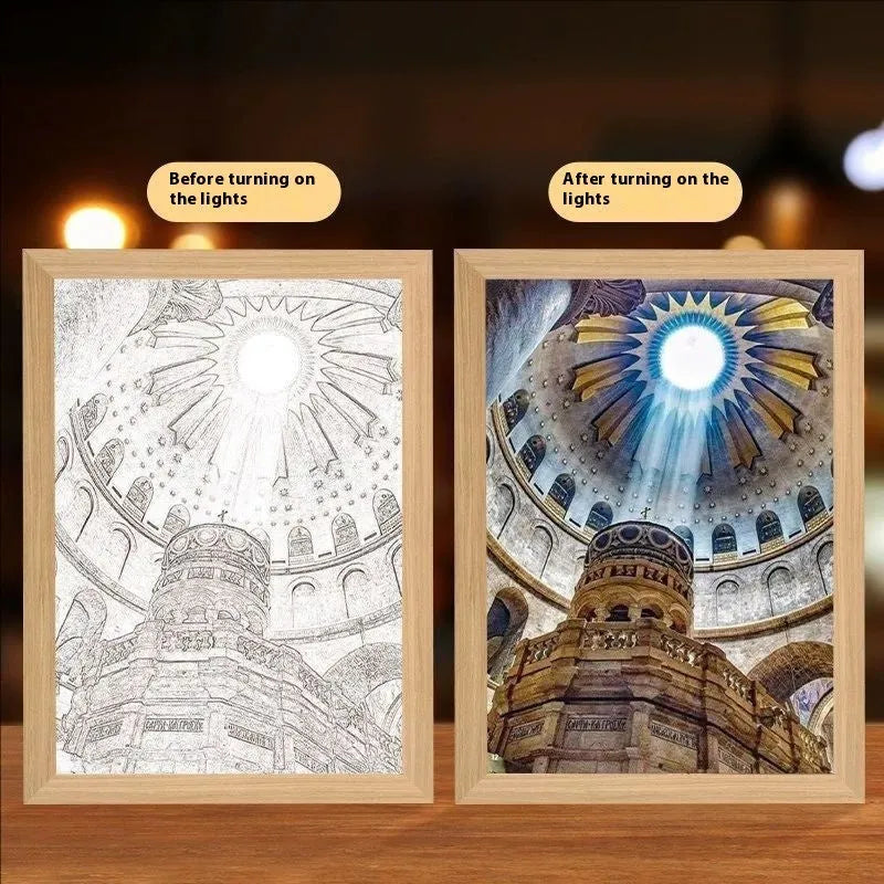 Handmade rectangular LED light painting photo frame showing a spiritual cross design, with USB cable.