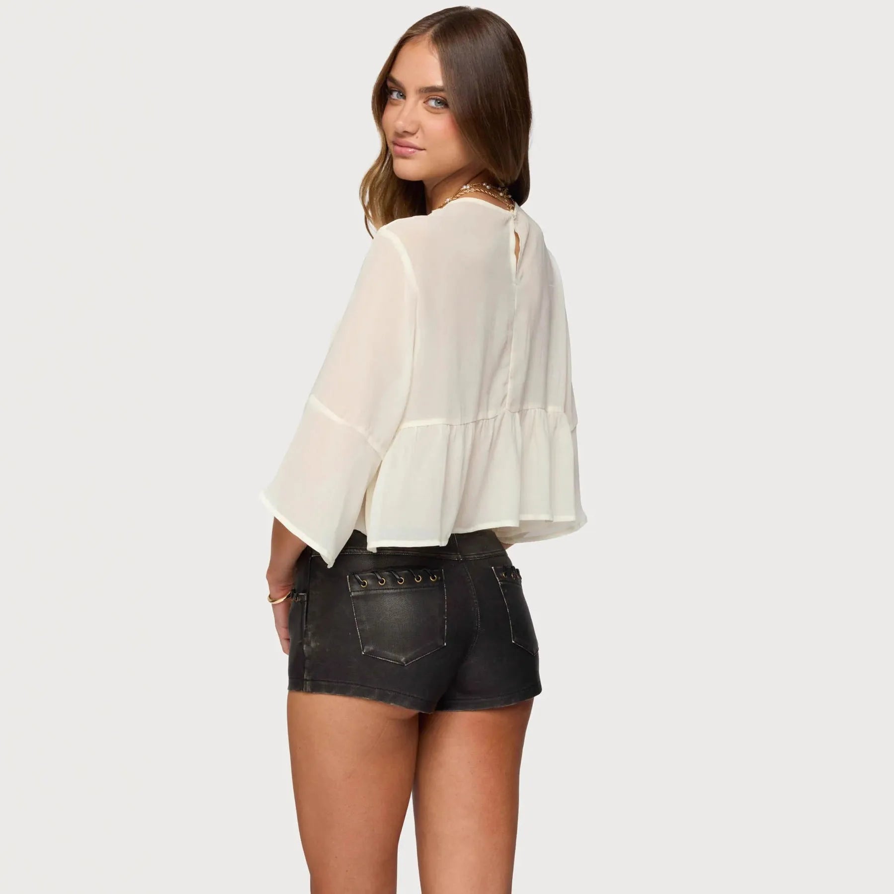 Women's milky white chiffon top with batwing sleeves, 40cm length, fresh sweet casual style