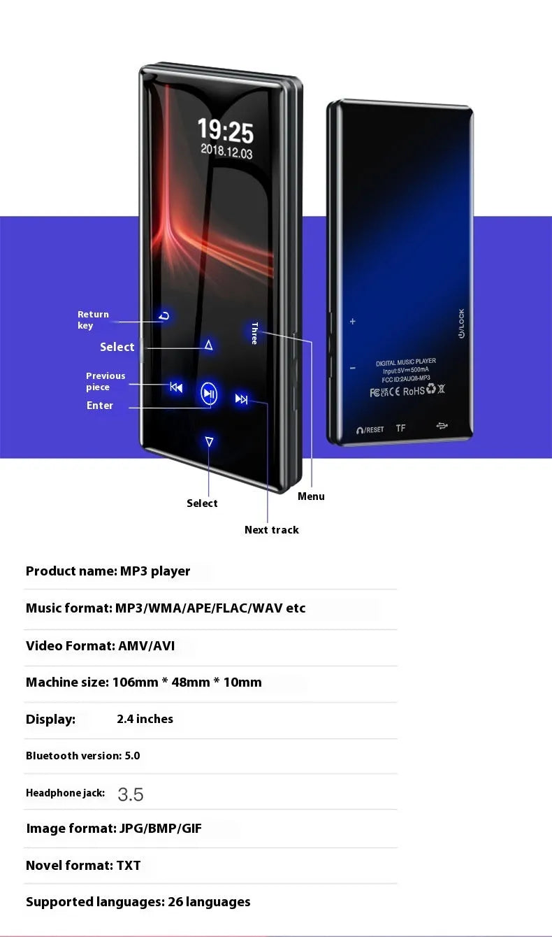 Black portable music player with 2.4-inch screen and touch buttons, featuring Bluetooth, FM radio, and e-book functions