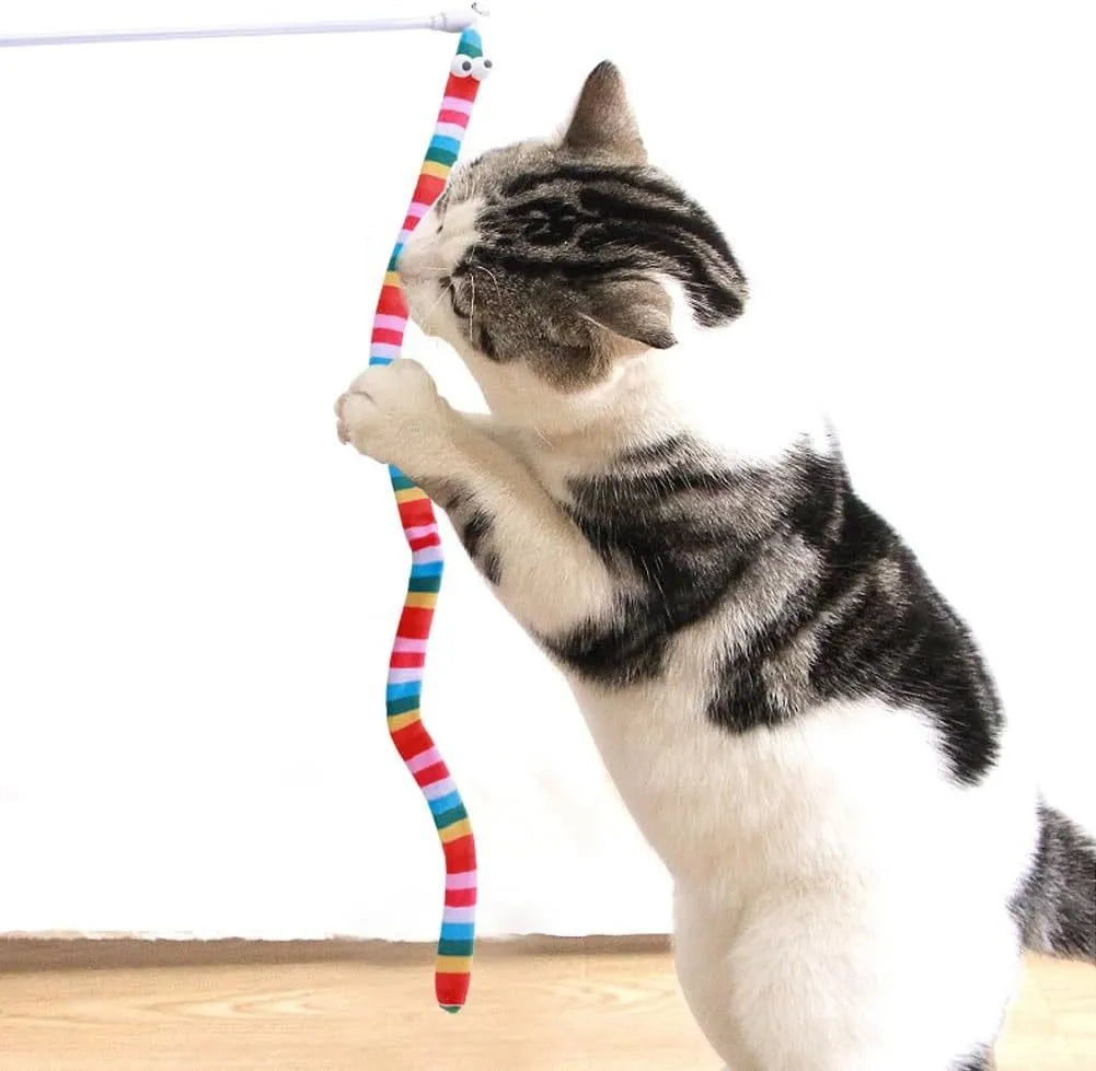 Cat teaser wand toy with long plush strip and bell on a polycarbonate pole.