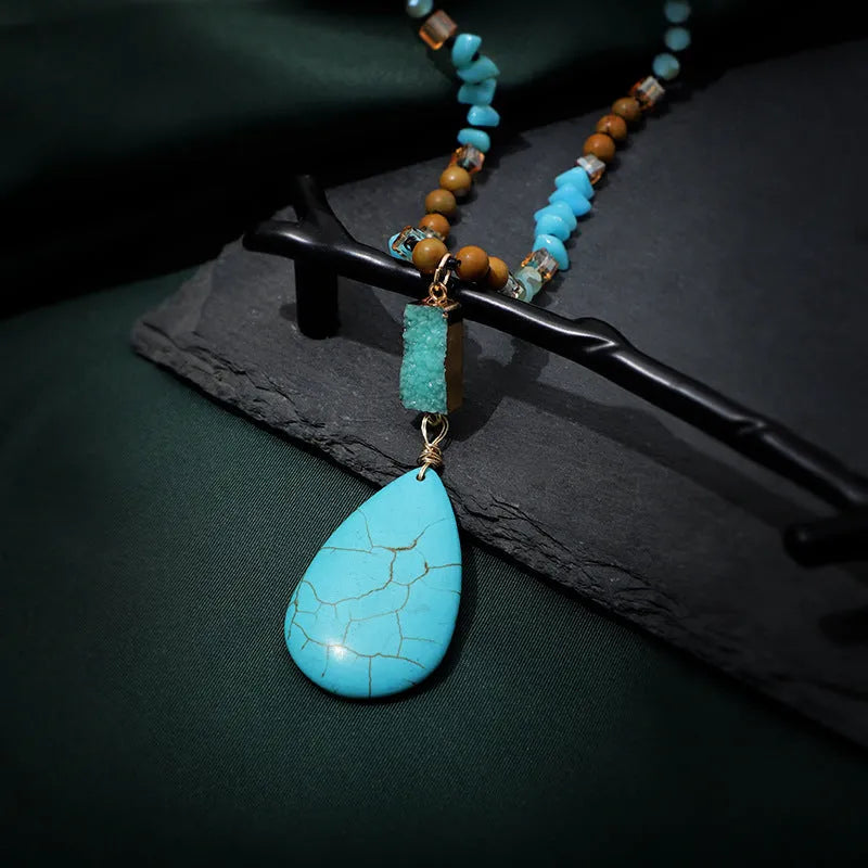 Turquoise blue water drop imitation mineral pendant necklace with ball bead chain