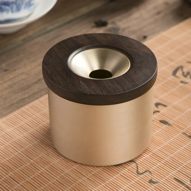Retro brass ashtray with wooden lid and centre hole, solid copper construction for indoor smoking