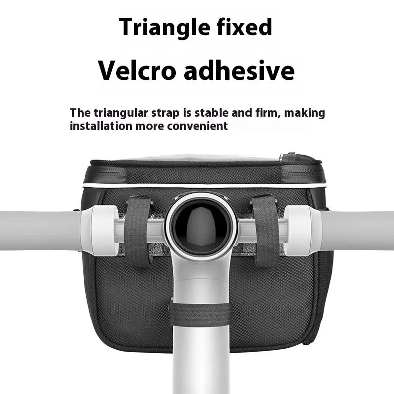 Black 7-inch bicycle handlebar storage bag mounted on bike handlebars