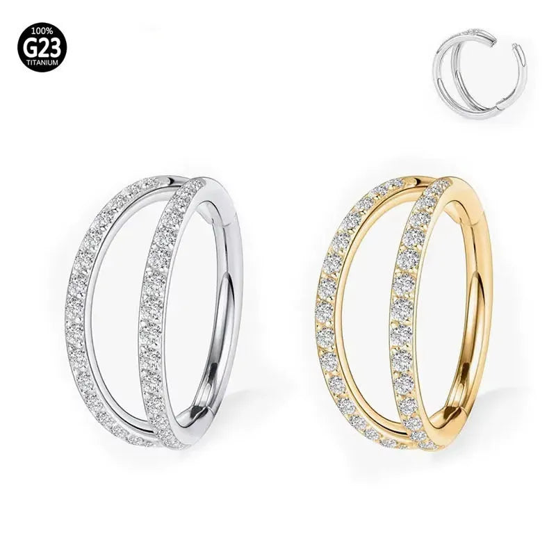Titanium alloy nose ring with diamond coating in gold colour, showing gauge thickness and length measurements