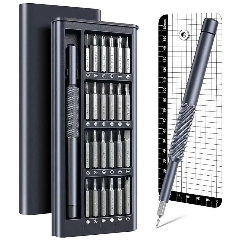 25-in-one screwdriver set with chrome vanadium steel magnetic bits and ABS handle on grey background
