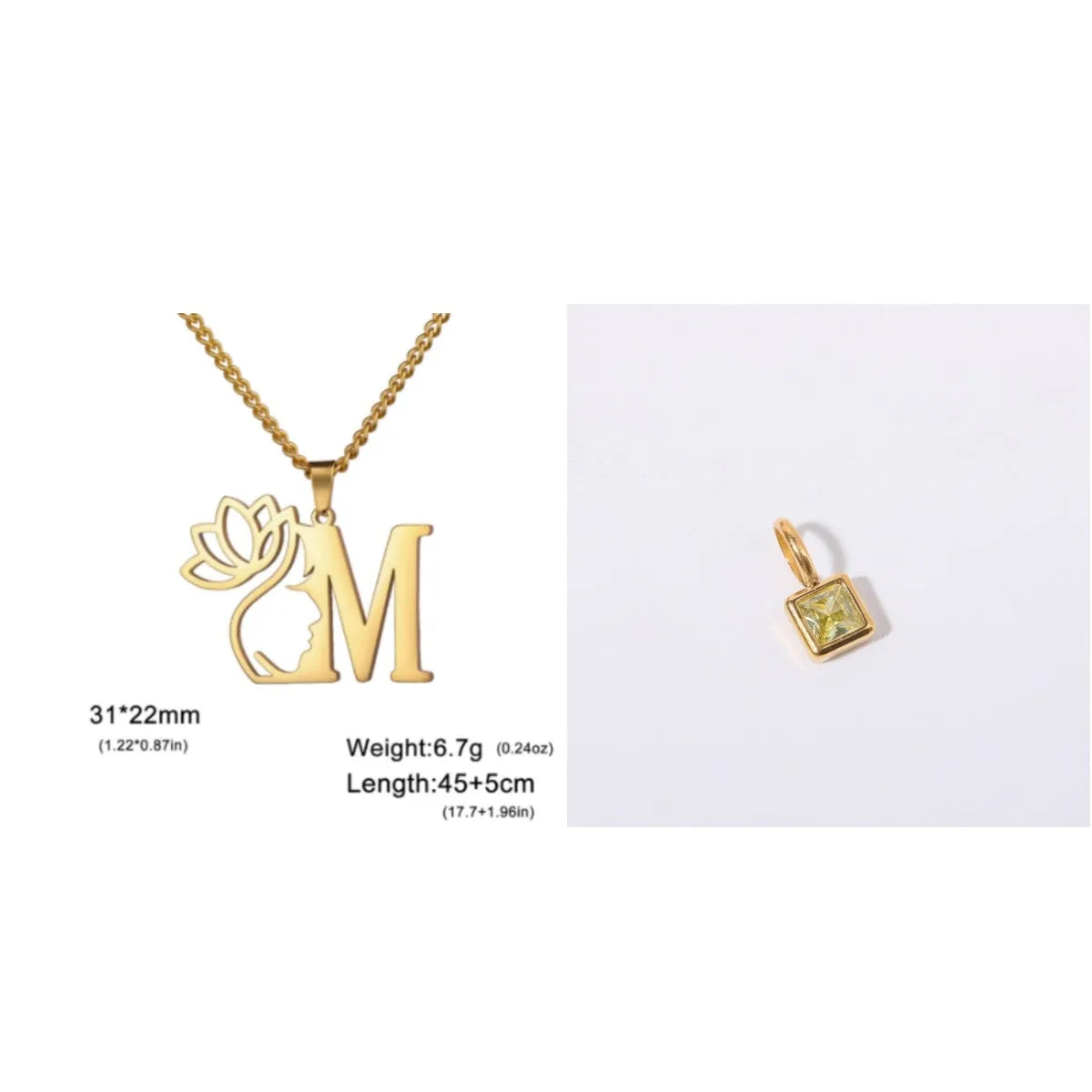 Stainless steel necklace with cross chain and a single initial pendant in a gold or silver finish.