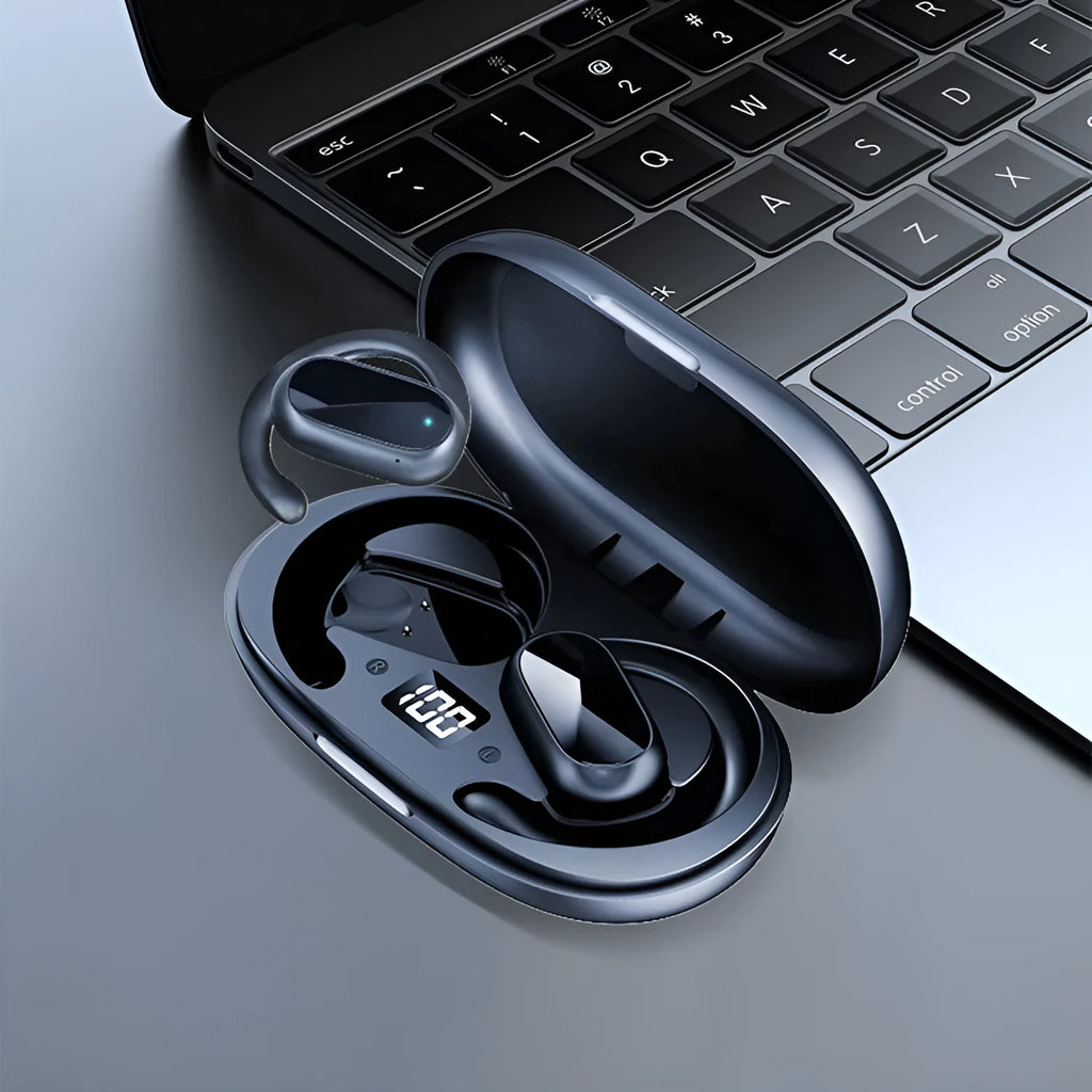 Dual ear-mounted Bluetooth headset with noise reduction and bone conduction, white colour, showing digital display screen and ear hook design