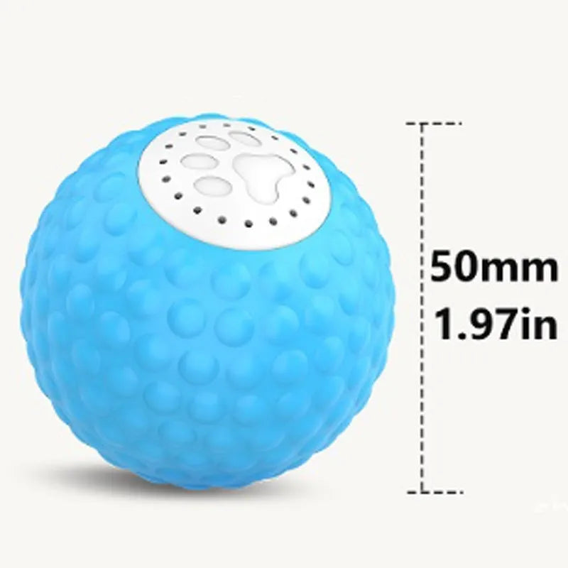 Interactive cat rolling ball toy with remote control in blue, green, and yellow colours
