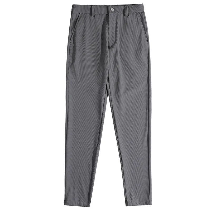 Men's casual straight-leg dark pattern ice silk cropped pants in grey stripe with ankle-tied cuffs and mid-waist fit