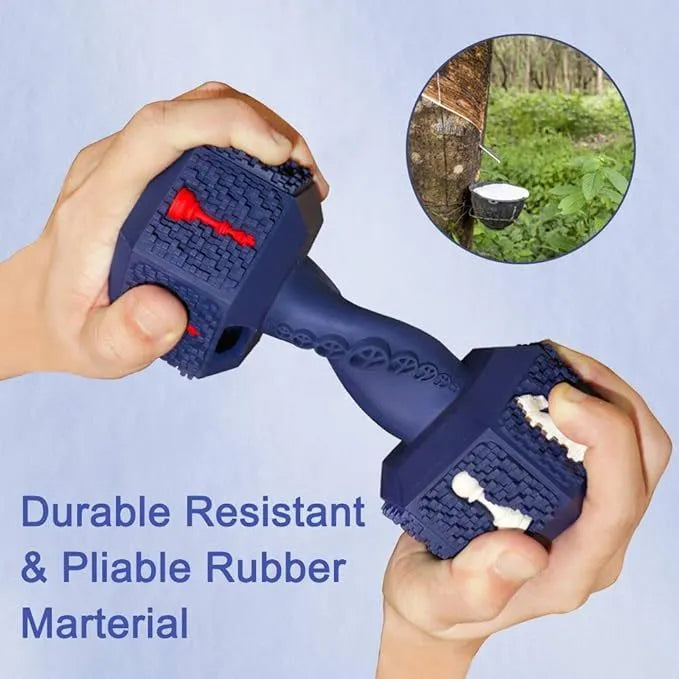 Natural rubber dog chew toy with hollow dumbbell design and textured surface for aggressive chewers